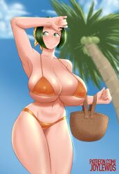 1girls 2019 bandana beach big_breasts bikini cleavage dark_green_hair female female_only green_eyes green_hair headscarf huge_breasts joylewds kerchief makino nipple_bulge one_piece orange_bikini short_hair shounen_jump smile solo swimsuit thick_thighs underboob wide_hips