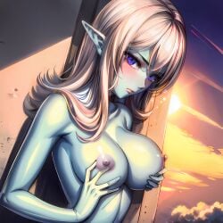 ai_generated blue_hair colored_skin covered_nipples dragon_ball dragon_ball_heroes exhibitionism hentai_world nipples pointy_ears purple_eyes sea seaside topless towa white_hair