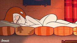 1girls accurate_art_style alone bed cartoonsaur casual closed_eyes completely_nude female female_only freckles full_body gravity_falls human indoors nude on_back pale_skin red_hair screenshot sleeping_nude small_breasts smiling solo straight_hair wendy_corduroy