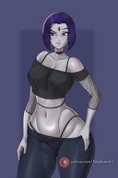 1girls casual curvy dc dc_comics demon_girl female female_only fishnets goth jeans large_ass large_breasts rachel_roth raven_(dc) solo tank_top teen_titans thick_ass thick_thighs voluptuous xelaroseart