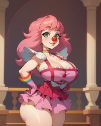 1girls ai_generated big_breasts breasts cleavage clothed clothing clown clown_girl clown_nose curvy female female_only geiru_toneido gloves green_eyes gyakuten_saiban looking_at_viewer navel pink_hair rocksolidart solo solo_female thick_thighs wide_hips