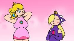 2girls animated big_breasts blonde_hair blue_eyes breast_envy breast_expansion breasts_bigger_than_head crown female female_only funny hair_over_one_eye mario_(series) mario_tennis pink_dress princess_peach purple_dress screaming smug_face tagme vanveleca video wapeach