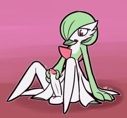 2023 3_fingers balls balls_on_floor big_penis black_pupils bodily_fluids erection featureless_feet feet femboy fingers gardevoir generation_3_pokemon genital_fluids genitals girly glans green_body green_hair hair hair_over_eye half-closed_eyes humanoid humanoid_genitalia humanoid_penis hung_trap looking_down male male_gardevoir male_only masturbation motion_lines narrowed_eyes nintendo not_furry on_ground one_eye_obstructed open_mouth penile penile_masturbation penis pink_eyes pink_glans pokemon pokemon_(species) precum pupils sitting solo ultilix white_balls white_body white_penis