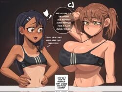 2girls big_breasts black_hair breast_awe breast_envy breasts brown_eyes brown_hair clothed clothing english_text female female_focus female_only hayase_nagatoro hi_res highres huge_breasts human human_only kessnio long_hair medium_support_(meme) meme multiple_girls navel open_mouth please_don't_bully_me,_nagatoro revealing_clothes shikki_(nagatoro) simple_background small_breasts speech_bubble sweat tan tan-skinned_female tan_body tan_skin tanline tanned tanned_female text tiny_breasts