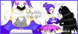 2girls 4k ballerina ballora ballora_(fnafsl) ballora_(fnia) belly belly_button big_breasts blue_bra blue_hair blush boob_window bra breast_squeeze breasts_bigger_than_head bun bun_hair comic confused confused_look confusion female five_nights_at_freddy's five_nights_at_freddy's:_sister_location five_nights_in_anime fnia goth goth_girl gothtrishy hands_behind_back highres huge_breasts light-skinned_female light_skin multiple_girls pale-skinned_female pale_skin reflection reflective_body robot robot_girl robot_humanoid shiny_clothes shiny_hair shiny_skin short_hair sideboob skirt squish squished_breasts staring tall_female text thick_thighs thighs_bigger_than_head tight_clothing tummy white_background white_body white_skin