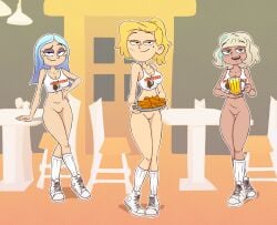 3girls aged_up amphibia andrea_davenport beer_mug blonde_hair blue_hair bottomless bottomless_female breasts casual casual_bottomless cleavage clothing commission crew_socks crop_top crossover disney drawsoyeah eyebrows_visible_through_hair female female_only food footwear freckles hooters hooters_uniform hot_wings human jackie_lynn_thomas long_hair looking_at_viewer mole mole_under_eye multiple_girls navel pale_skin public pussy restaurant sasha_waybright shoes short_hair smile socks standing star_vs_the_forces_of_evil tank_top the_ghost_and_molly_mcgee thighs uniform