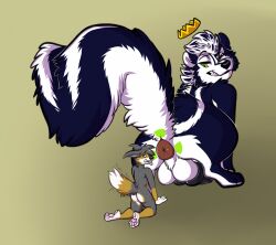 anthro anus ass balls canid canine canis diesel_(dieselrulez) disgust disgusted_face duo genitals looking_at_another looking_back looking_down male male/male mammal mephitid micro paws penis puffy_anus radiation_symbol raised_tail red_wolf size_difference skunk skunk_tail skunkbutts stripedreeko symbol tail wolf