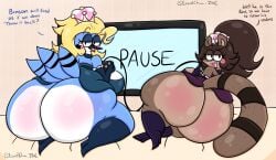 2023 2girls anthro anthro_only armwear ass avian big_ass big_breasts big_butt bird blonde_hair blue_jay blush body_blush breasts brown_hair butt_blush cartoon_network clothing controller corvid crown dialogue dress duo elbow_gloves english_text female female_focus female_only furry furry_only game_controller gloves hair handwear headgear hi_res holding_controller holding_game_controller holding_object huge_ass huge_butt jay_(bird) jewelry legwear lewdchuu_(artist) lidded_eyes looking_back mammal mario_(series) mordecai_(regular_show) mordette_(benson_dancing) mtf_crossgender new_super_mario_bros._u_deluxe new_world_jay nintendo oscine passerine pause_screen procyonid raccoon regular_show rigbette_(benson_dancing) rigby_(regular_show) rule_63 super_crown television television_screen text thigh_highs toony wide_hips