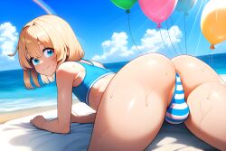 1boy ai_generated anus ass ass_focus balloon beach big_ass big_butt blonde_hair blue_eyes bridget bulge butt butt_focus crop_top femboy feminine_male girly guilty_gear hair looking_at_viewer looking_back novelai ocean panties rainbow rear_view smile smiling smiling_at_viewer thong water_drop water_droplets wet