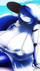 areola beach big_breasts blue_body blue_eyes blue_hair breasts cleavage clothed clothing dress eyewear female glasses hair hand_on_breast hat headgear headwear hi_res huge_breasts humanoid hyper hyper_breasts long_hair looking_aside machine multicolored_body nipple_outline not_furry relay_(zedrin) robot robot_humanoid sand seaside signature sitting solo sun_hat text thick_thighs white_body zedrin