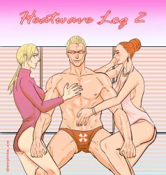 1boy 2girls albert_wesker bare_legs biohazard blonde_hair excella_gionne female hand_on_chest hand_on_pecs jill_valentine jill_valentine_(blonde) male male/female male_focus muscular muscular_male partially_clothed partially_clothed_male resident_evil resident_evil_5 shirtless speedo swimsuit villain