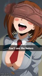 1boy 1girls absurdly_large_cock ahe_gao big_penis blush breasts breasts_exposed brown_hair cant_see_the_haters dark-skinned_male dkir english english_text exposed_breasts interracial my_hero_academia ochako_uraraka patreon_username penis penis_on_face red_tie school_uniform snapchat teeth tongue tongue_out u.a._school_uniform uraraka_ochako veiny_penis