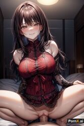 ai_generated bed bedroom black_hair blush catchthemist cowgirl_position female lace lingerie pink_eyes ponytail pornx.ai seductive vaginal_penetration