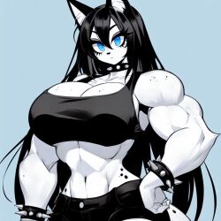 ai_generated anthro black_hair blue_eyes furry inner_ear_fluff long_hair luni_the_wolf muscle_girl muscular_female navel spiked_collar white_body white_fur wolf_ears wolf_girl wolf_tail