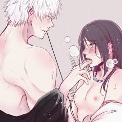 1boy 1girls blush female finger_in_mouth fingers fingers_in_mouth jujutsu_kaisen male male/female nipples satoru_gojo sensual small_breasts straight sweat topless_female topless_male utahime_iori white_hair