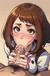 1boy1girl :>= ai_generated blowjob blush brown_eyes brown_hair cum cum_in_mouth fellatio looking_at_viewer male/female my_hero_academia ochako_uraraka oral oral_sex pixai pov pov_eye_contact pubic_hair self_upload solo_focus whisperinggale