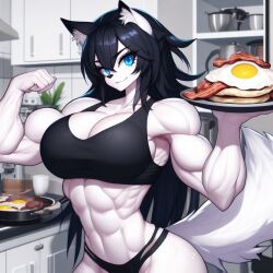 abs ai_generated anthro bacon black_hair blue_eyes fluffy fluffy_tail food fried_egg furry inner_ear_fluff kitchen long_hair luni_the_wolf muscle_girl muscular_female pancake plate tail white_body white_fur wolf_ears wolf_girl wolf_tail