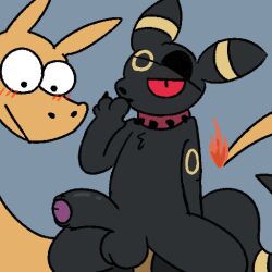 1:1 anthro balls biped black_body black_eyes black_fur blush charizard duo eeveelution erection fur generation_1_pokemon generation_2_pokemon genitals male nintendo orange_body penis pokemon pokemon_(species) red_sclera silly_imp umbreon