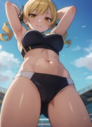 1girls 2023 ai_generated belly belly_button blonde_hair drill_hair looking_at_viewer looking_down mahou_shoujo_madoka_magica mami_tomoe outdoors puella_magi_madoka_magica smile solo solo_female solo_focus thighs tomoe_mami yellow_eyes