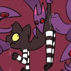 anthro ass balls biped black_body black_fur bodily_fluids domestic_cat felid feline felis fur genital_fluids genitals group humanoid imp male mammal precum purple_body purple_fur raised_tail red_background red_sclera silly_imp simple_background tail yellow_sclera