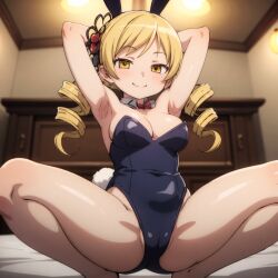 1girls 2023 ai_generated armpits arms_up bed blonde_hair breasts bunny_ears bunnysuit drill_hair indoors looking_at_viewer mahou_shoujo_madoka_magica mami_tomoe puella_magi_madoka_magica smile solo solo_female solo_focus squatting tomoe_mami yellow_eyes