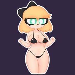 1girls alternate_version_available bikini blonde_hair breasts chibi chibi_style dot_(lewdnines63) face_tattoo female female_only green_eyes hairbow heart large_breasts lewdnines63 navel nipples original original_character panties short_hair solo solo_female