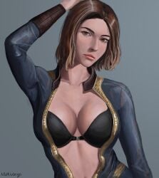 1girls 2023 2d adult_female artist_name big_breasts black_bra blue_background bodysuit bra breasts brown_eyes brown_hair caucasian caucasian_female cleavage clothed_female fallout fallout_4 female female_only female_protagonist fully_clothed head_tilt human human_female human_only jumpsuit large_breasts light-skinned_female light_skin looking_at_viewer mekivango milf no_sex nora_(fallout_4) open_clothes open_shirt pose posing realistic_breast_size short_hair simple_background sole_survivor sole_survivor_(female) solo solo_female tilted_head vault_suit video_game video_game_character