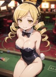 1girls 2023 ai_generated blonde_hair breasts bunny_ears bunnysuit casino drill_hair indoors looking_at_viewer mahou_shoujo_madoka_magica mami_tomoe puella_magi_madoka_magica sitting smile solo solo_female solo_focus table tomoe_mami yellow_eyes