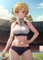 1girls 2023 ai_generated belly belly_button blonde_hair breasts clouds drill_hair hand_on_hip looking_at_viewer mahou_shoujo_madoka_magica mami_tomoe outdoors puella_magi_madoka_magica smile solo solo_female solo_focus sweat tomoe_mami toned toned_female yellow_eyes