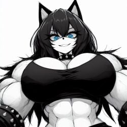 ai_generated anthro black_hair blue_eyes bracelet collar long_hair luni_the_wolf muscle_girl muscular_female spiked_bracelet spiked_collar white_background white_body white_fur wolf_ears wolf_girl wolf_tail