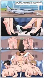 airplane airport ass barefoot breasts comic facial_hair feet female foot_fetish high_heels laugh male mole_under_eye moustache nipples nude removing_shoes shoes_removed soles stewardess sunglasses tickling tickling_feet tkfeath toes