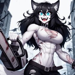 ai_generated anthro black_hair blue_eyes chainsaw collar crazy_eyes crazy_smile exposed_muscle fluffy fluffy_tail furry inner_ear_fluff long_hair luni_the_wolf muscle_girl muscular_female ripped_flesh ripped_skin scar scars spiked_collar tail white_body white_fur wolf_ears wolf_girl wolf_tail