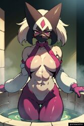 abs ai_generated annoyed anthro breasts cameltoe exposed_breasts feline fluffy fur game_freak gloves mask meowscarada nintendo pokemon pokemon_sv pornsword.io string_bikini thick_thighs water