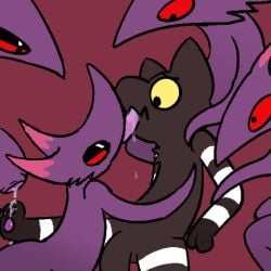 anthro biped black_body black_eyes black_fur bodily_fluids domestic_cat erection felid feline felis fur genital_fluids genitals group humanoid imp male mammal pawpads penis precum purple_body purple_fur red_background red_sclera silly_imp simple_background yellow_sclera