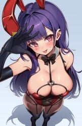 1girls akuma_nihmune armpits bare_shoulders black_bowtie black_gloves black_thighhighs blush breasts bunnysuit cleavage collarbone detached_collar elbow_gloves fake_animal_ears garter_straps hairclip indie_virtual_youtuber kaptivate large_breasts mole mole_under_eye pink_eyes purple_hair rabbit_ears red_leotard solo strapless strapless_leotard succubus thighhighs thighs tongue tongue_out virtual_youtuber