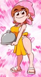 bandana cooking_mama female jellot looking_at_viewer mama_(cooking_mama) naked_apron panties sideboob smile solo