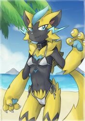 4_fingers anthro bikini camel_toe claws day felid feline female fingers generation_7_pokemon grey_body grey_fur legendary_pokemon mammal navel nintendo pokemon pokemon_(species) sealer4258 smile solo whiskers yellow_body yellow_fur zeraora