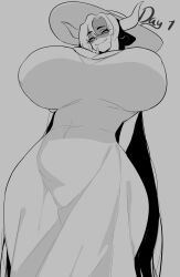 black_and_white_hair blanca_(ushiji) breasts costume cow_girl curvy dress female gigantic_breasts hachisakusama halloween hat horns hourglass_figure huge_breasts long_hair looking_at_viewer minotaur minotaur_female smile smiling_at_viewer tagme thick_thighs ushiji white_dress