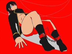 ankle_cuffs black_hair black_rabbit_pyonta bottomless chained chained_ankles chains full_body gintama male male_only on_back open_jacket police_officer police_uniform red_background restrained shinsengumi_(gintama) solo thick_thighs yamazaki_sagaru