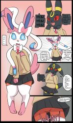 black_body black_fur black_nose blue_eyes blush clothing comic dialogue eeveelution female feral fur generation_2_pokemon generation_6_pokemon male markings matachu nintendo pink_body pink_fur pokemon pokemon_(species) red_sclera ribbons sid_(matachu) skirt stacy_(matachu) sylveon tail umbreon underwear white_body white_fur