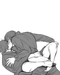 2boys annonaka blush gay gintama hijikata_toshiro implied_anal implied_sex kissing leg_lock male male_only monochrome pants_down police_officer police_uniform shinsengumi_(gintama) yamazaki_sagaru yaoi