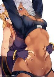 2girls ak4ci angel_(kof) armpits arms_up belly belly_button belly_poke biting_lip blonde_hair blue_eyes blush bonne_jenet boob_window bracelets breasts clothed clothing commission dark-skinned_female dark_skin deep_navel eyebrows_visible_through_hair fatal_fury female female_only finger_in_navel fingering garou:_mark_of_the_wolves gloves grey_hair hand_on_belly hand_on_stomach hand_on_waist hi_res highres imminent_orgasm kani_fish king_of_fighters light-skinned_female light_skin midriff multiple_girls navel navel_depth navel_fetish navel_fingering navel_penetration panties poking_belly shiny_skin snk stimulation stomach stretching thighs tummy waist white_background wide_hips yuri