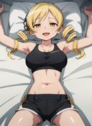 1girls 2023 ai_generated bed belly belly_button blonde_hair blush breasts collarbone drill_hair looking_at_viewer mahou_shoujo_madoka_magica mami_tomoe on_bed open_mouth puella_magi_madoka_magica solo solo_female solo_focus tomoe_mami toned yellow_eyes