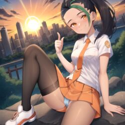 1girls ai_generated black_hair blush blushing female female_only green_hair nemona_(pokemon) on_wall orange_eyes outdoors panties park pokemon pokemon_sv public school_uniform sea skirt skyline skyscraper smiling solo stockings sunrise sunset yellow_eyes