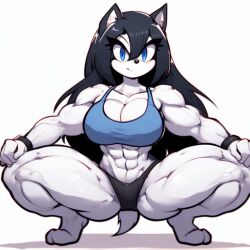 abs ai_generated anthro barefoot black_hair blue_eyes bracelet furry inner_ear_fluff long_hair luni_the_wolf muscle_girl muscular_female scut_tail short_tail tail white_body white_fur wolf_ears wolf_girl wolf_tail