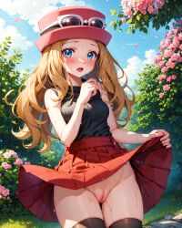 1girls ai_generated black_legwear black_shirt blonde_hair blush bottomless censored embarrassed exhibitionism eyewear_on_headwear hat kujai long_hair nintendo nopan outdoors pokemon pokemon_(game) pokemon_xy public_nudity pussy red_skirt serena_(pokemon) skirt skirt_lift solo sweat thighhighs thighs vagina wet