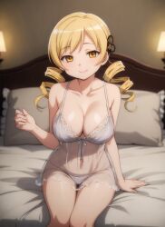 1girls 2023 ai_generated bed bedroom blonde_hair blush breasts cleavage collarbone drill_hair indoors looking_at_viewer mahou_shoujo_madoka_magica mami_tomoe on_bed puella_magi_madoka_magica sitting smile solo solo_female solo_focus tomoe_mami yellow_eyes