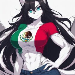 abs ai_generated anthro black_hair blue_eyes fingernails furry inner_ear_fluff long_hair luni_the_wolf mexican_flag muscle_girl muscular_female sharp_fingernails shirt smile white_background white_body white_fur wolf_ears wolf_girl wolf_tail