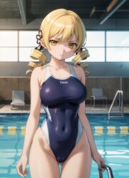 1girls 2023 ai_generated belly belly_button blonde_hair breasts collarbone drill_hair frown indoors looking_at_viewer mahou_shoujo_madoka_magica mami_tomoe puella_magi_madoka_magica solo solo_female solo_focus swimsuit thighs tomoe_mami water yellow_eyes