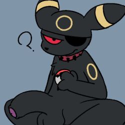 1:1 anthro balls biped black_body black_eyes black_fur eeveelution eye_patch eyewear fur generation_2_pokemon genitals half-erect looking_at_viewer male nintendo penis pokemon pokemon_(species) question_mark red_sclera silly_imp solo umbreon